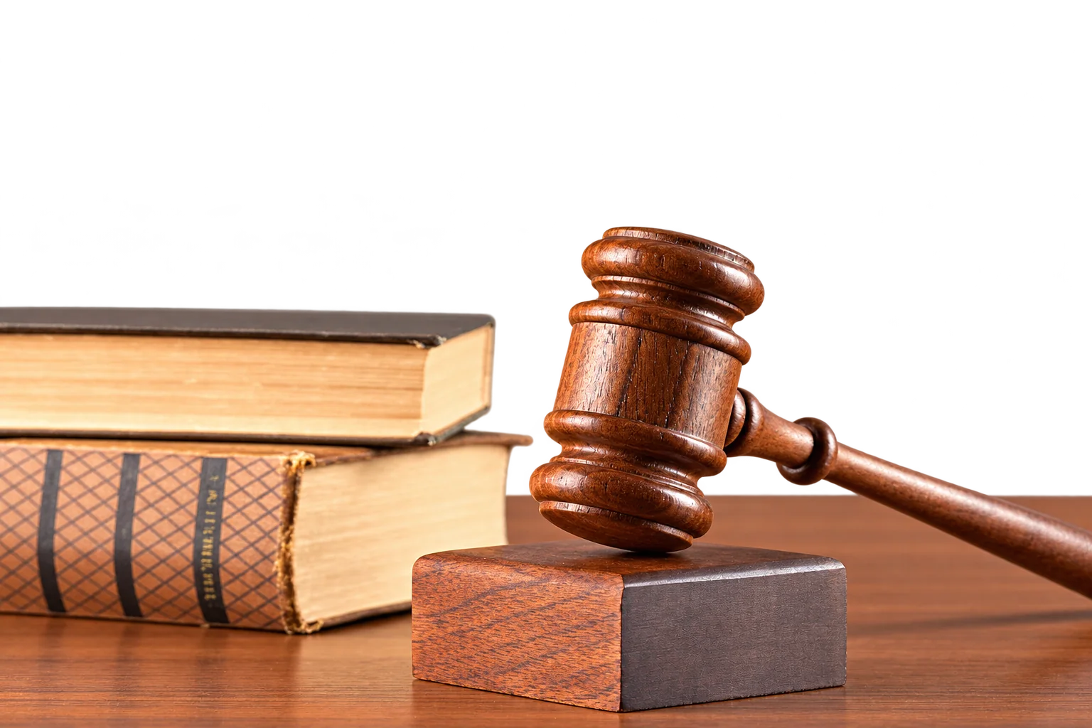 Un marteau de juge en bois sur son socle est posé sur une table, à côté d'une pile de livres de droit anciens.